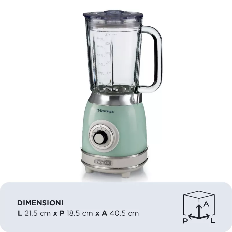Ariete 583, Vintage blenderis ar 1,5 litru stikla krūzi, 4 nerūsējošā tērauda asmeņi, 4 ātrumi + pulss, 1000 W, zaļš