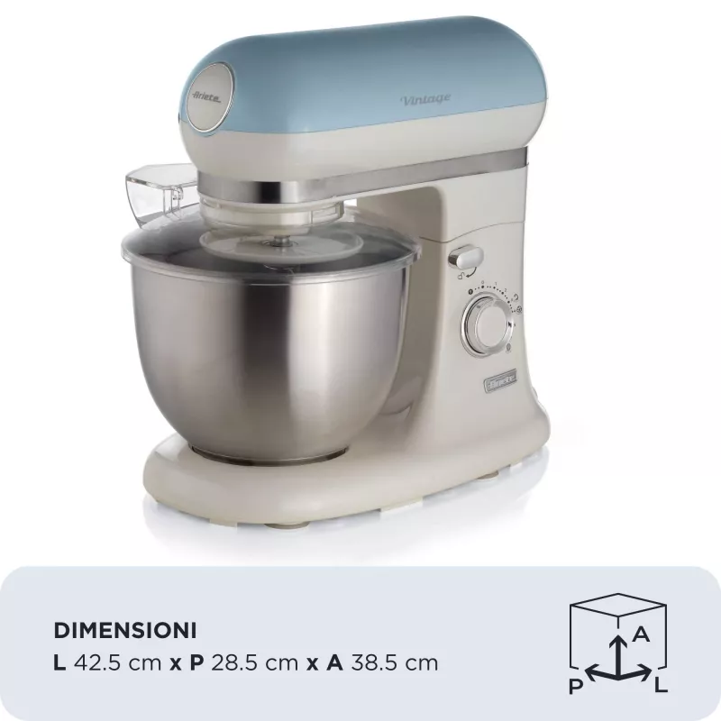 Ariete 1588 Vintage mikseris, planetārais mikseris maizei, picai, kūkām un konditorejas izstrādājumiem, 5,5 L tilpums, 7 ātrumi, 2400 vati, pasteļzils