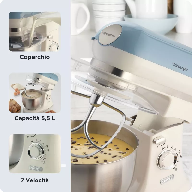 Ariete 1588 Vintage mikseris, planetārais mikseris maizei, picai, kūkām un konditorejas izstrādājumiem, 5,5 L tilpums, 7 ātrumi, 2400 vati, pasteļzils