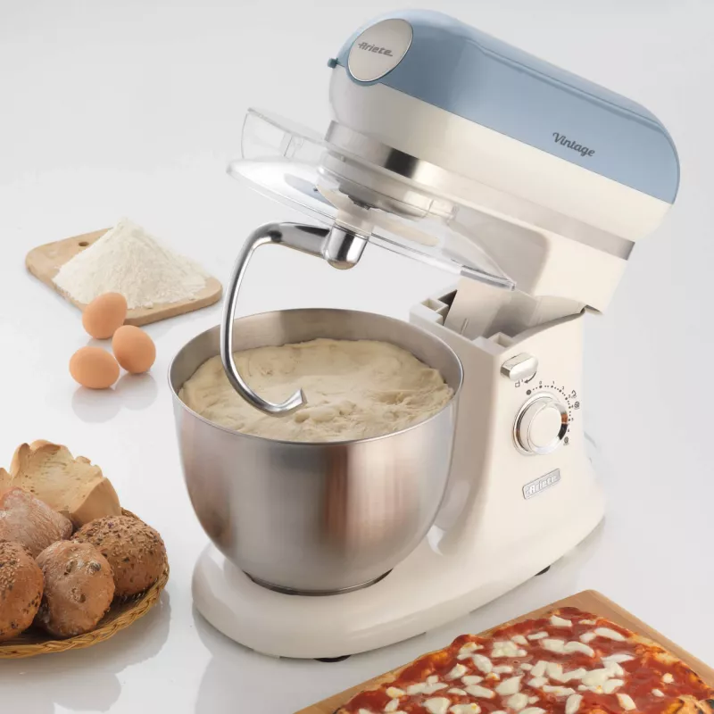 Ariete 1588 Vintage mikseris, planetārais mikseris maizei, picai, kūkām un konditorejas izstrādājumiem, 5,5 L tilpums, 7 ātrumi, 2400 vati, pasteļzils