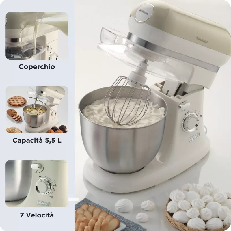 Ariete 1588 Vintage mikseris, planetārais mikseris maizei, picai, kūkām un konditorejas izstrādājumiem, 5,5 l tilpums, 7 ātrumi, 2400 W, pasteļbēšs
