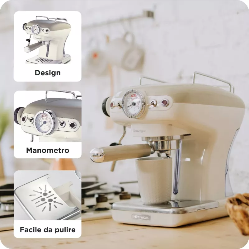 Ariete 1389 Vintage Espresso kafijas automāts - Espresso kafijas automāts maltai kafijai vai ESE kapsulām, pasteļbēšā krāsā