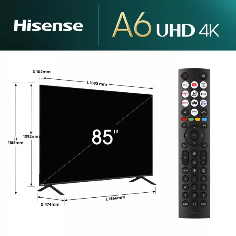 Hisense 85E6NT 2.16 m (85 collas) 4K Ultra HD Smart TV Wi-Fi Melns 400 cd/m²