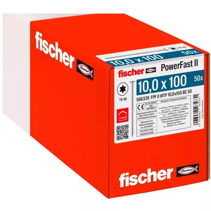 Koka konstrukciju skrūve FISCHER PowerFast II 10,0x100 mm ar plakanu galvu TX cinkots