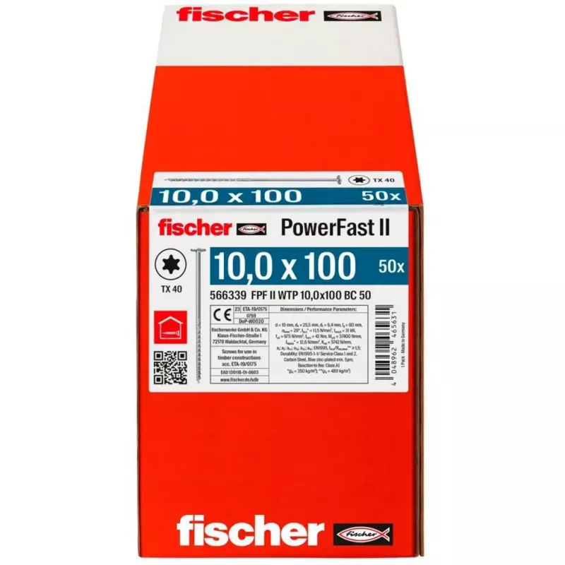 Koka konstrukciju skrūve FISCHER PowerFast II 10,0x100 mm ar plakanu galvu TX cinkots