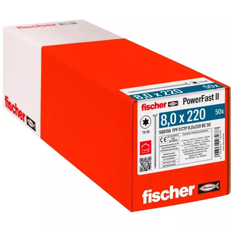 Koka konstrukciju skrūve FISCHER PowerFast II 8.0x220 mm ar iegremdēto galvu TX galvanizēta