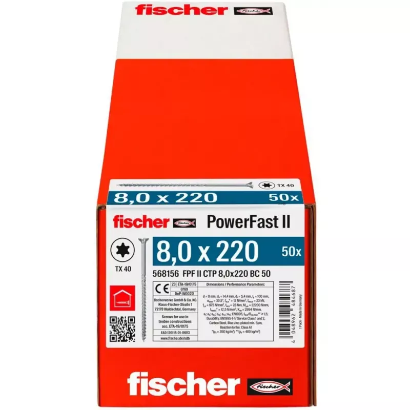 Koka konstrukciju skrūve FISCHER PowerFast II 8.0x220 mm ar iegremdēto galvu TX galvanizēta