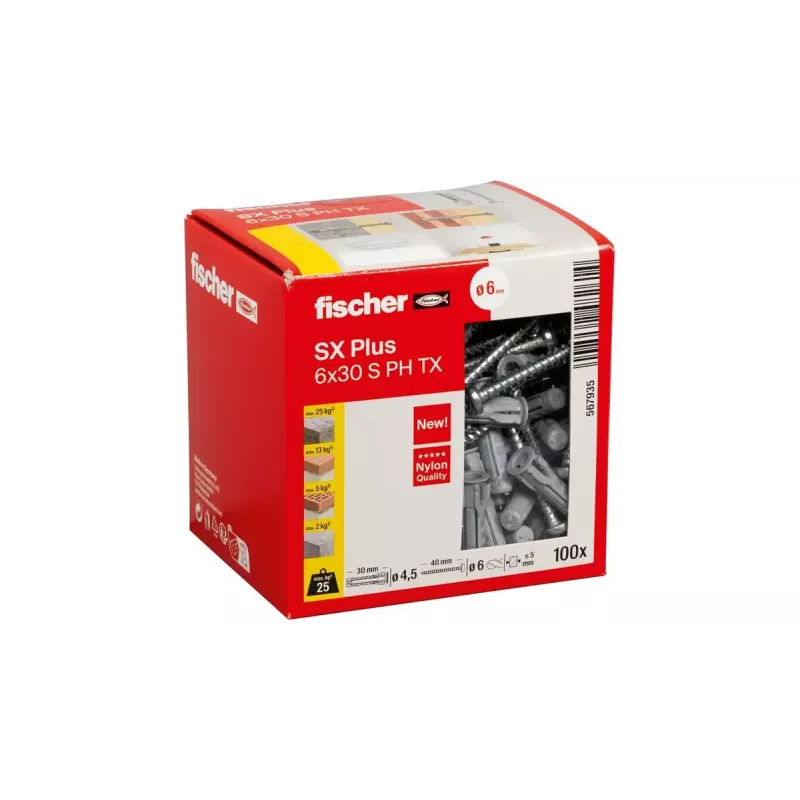 Skrūvju un dībeļu komplekts Fischer 567935 100 gab. neilons 6 mm urbuma diametrs