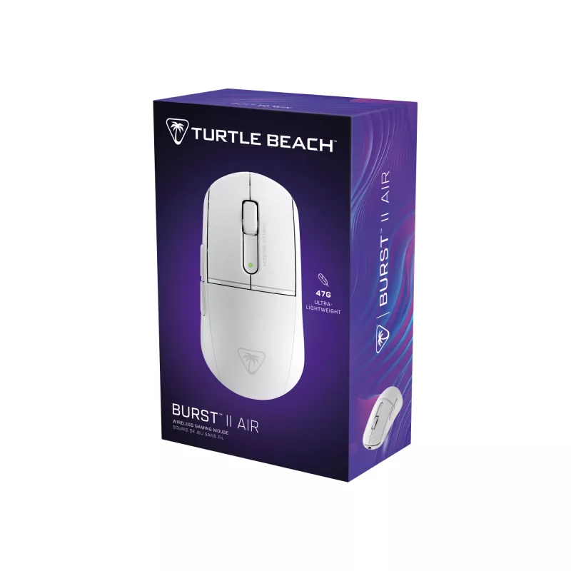 Turtle Beach Burst II Air balta – 2.4GHz bezvadu spēļu pele: 47g īpaši viegla, optiskie slēdži, 26K DPI optiskais sensors, Bluetooth, 120h baterija