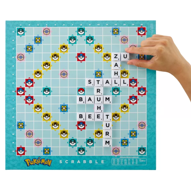 Galda spēle Scrabble Pokémon, klasiska ģimenes vārdu spēle ar diviem spēles variantiem 2–4 spēlētājiem, vācu izdevums