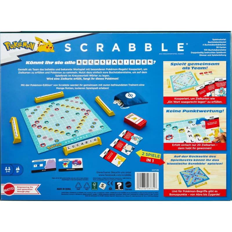 Galda spēle Scrabble Pokémon, klasiska ģimenes vārdu spēle ar diviem spēles variantiem 2–4 spēlētājiem, vācu izdevums