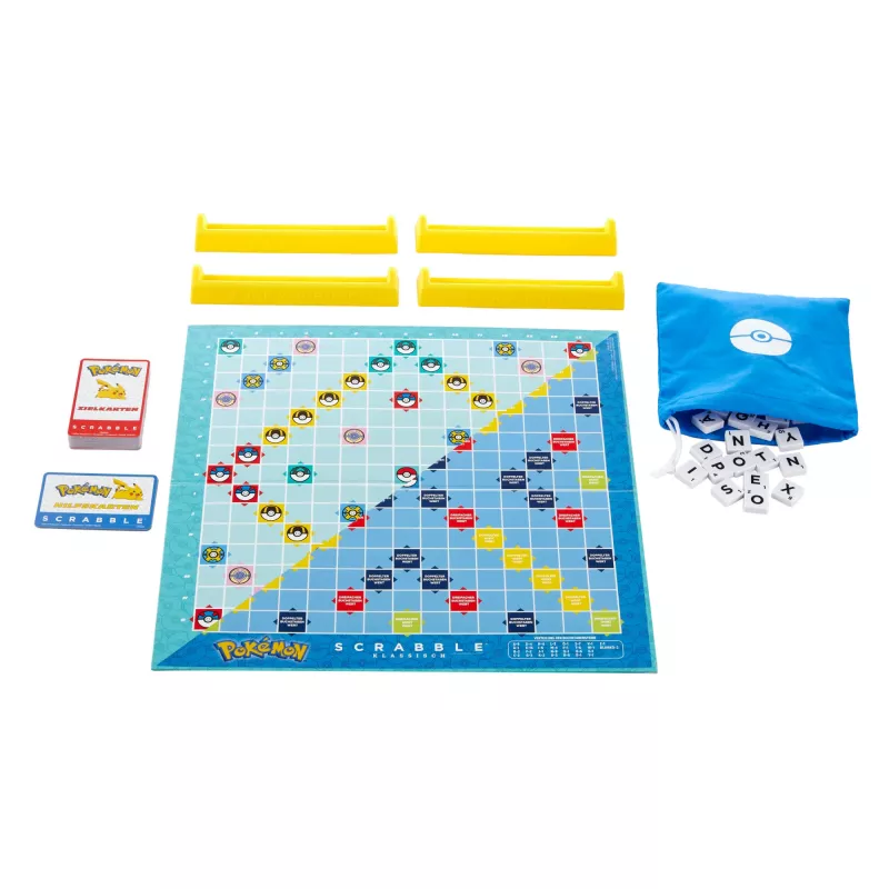 Galda spēle Scrabble Pokémon, klasiska ģimenes vārdu spēle ar diviem spēles variantiem 2–4 spēlētājiem, vācu izdevums