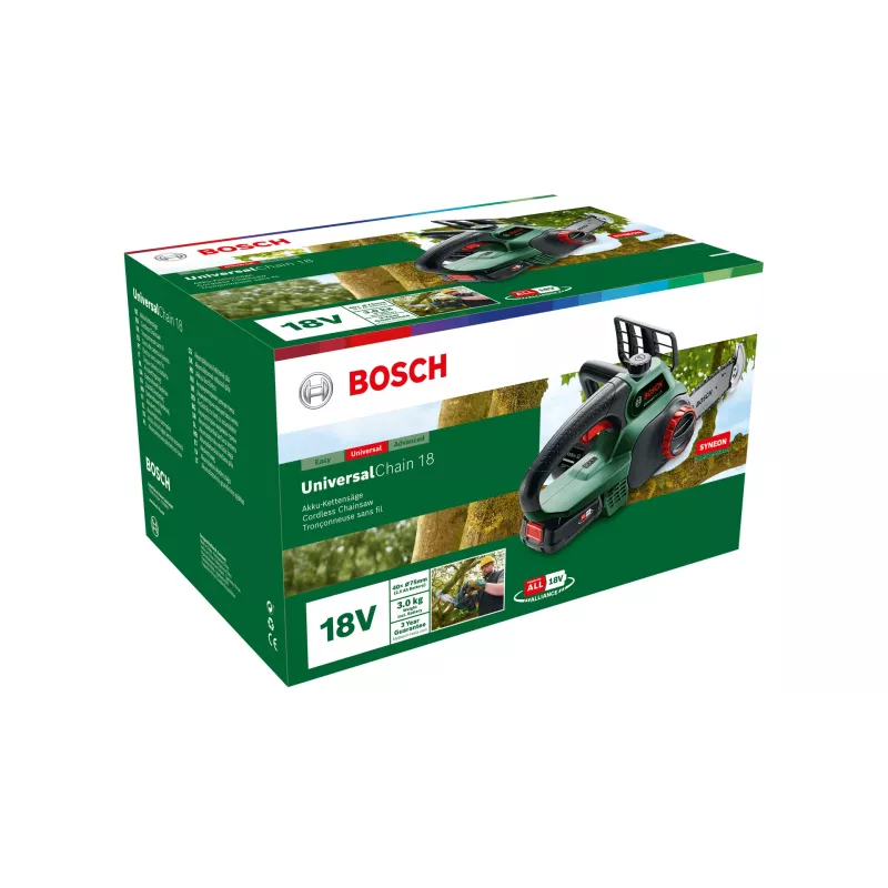 Bezvada motorzāģis Bosch UniversalChain 18 — 13,5 cm ķēdes sliede, 20 cm asmens, 2,5 Ah akumulators, 3 kg