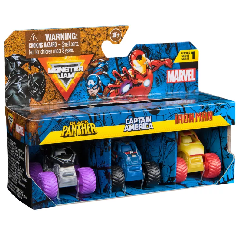Monster Jam, Marvel Mini Monster Truck 3 gab. komplekts, Melns Panther, Captain America, Iron Man metāla monstru kravas automašīnas, mērogā 1:87, rotaļlietas zēniem no 3 gadu vecuma