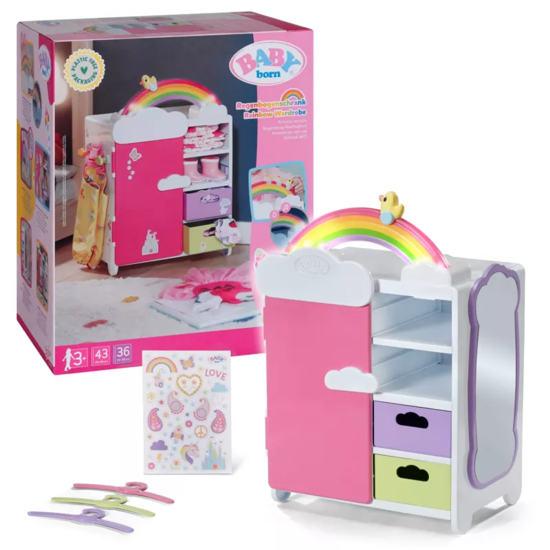 Leļļu skapis zapf creation BABY born Rainbow Wardrobe — lellēm, gaismas efekti, nepieciešamas 3×AAA baterijas, ieteicamais vecums 3+