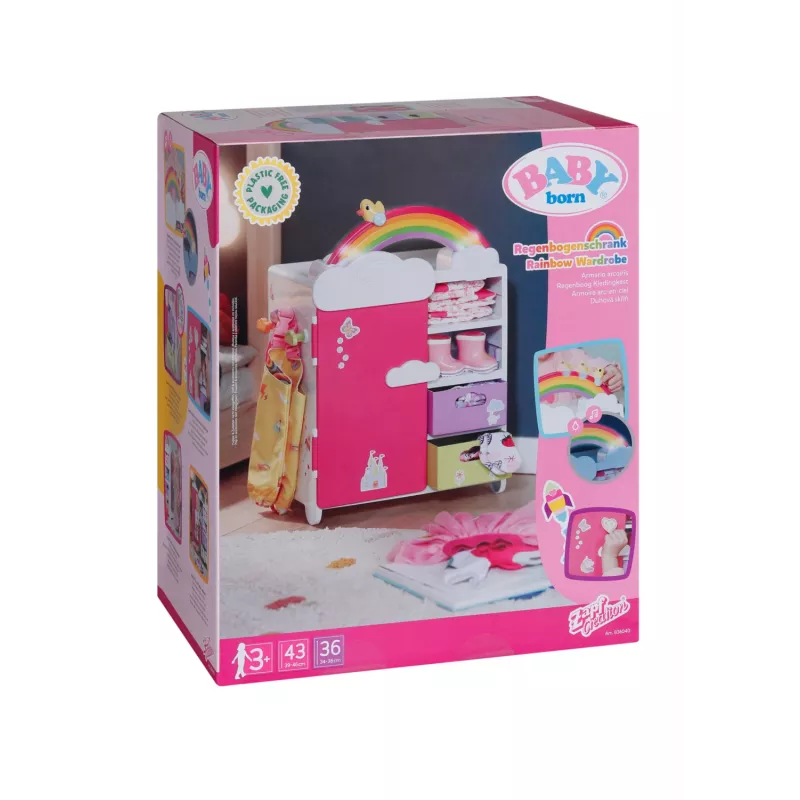 Leļļu skapis zapf creation BABY born Rainbow Wardrobe — lellēm, gaismas efekti, nepieciešamas 3×AAA baterijas, ieteicamais vecums 3+
