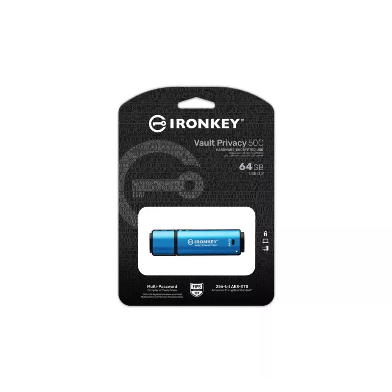 Kingston Technology IronKey 64GB USB-C Vault Privacy 50C AES-256 šifrēts, FIPS 197