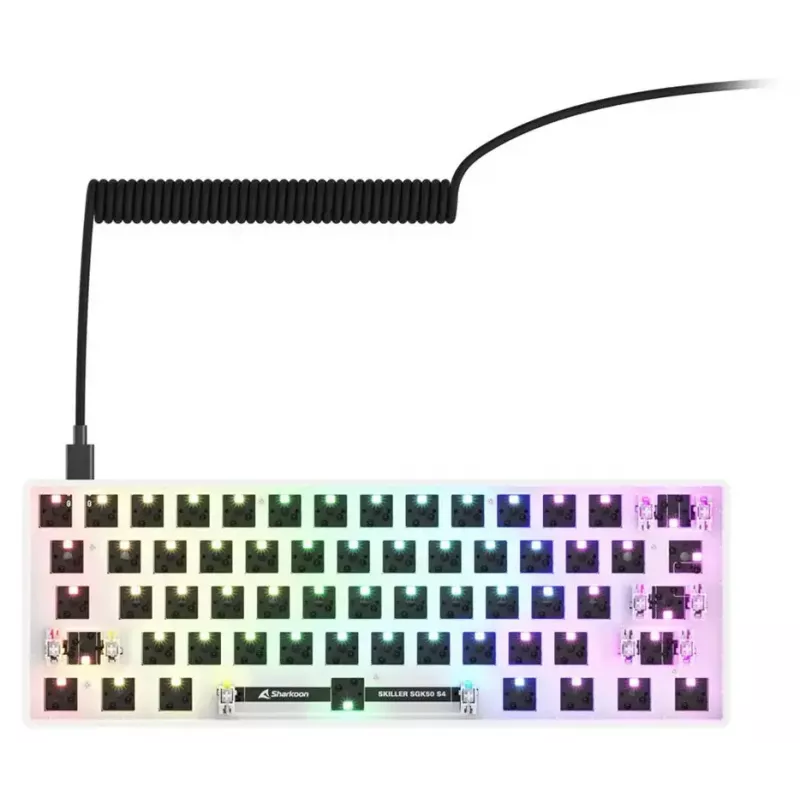 Kompakta 60% vadu tastatūra Sharkoon SKILLER SGK50 S4 — QWERTY vācu izkārtojums, RGB fona apgaismojums, USB, 1,5 m kabelis, balta