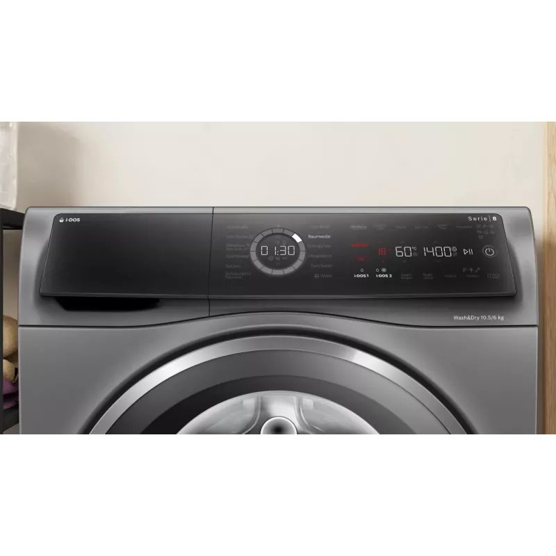 Bosch Serie 8 WNC254AS0 veļas mazgājamā mašīna ar žāvētāju Brīvi stāvoša Ielādēšana no priekšpuses Nerūsējošais tērauds