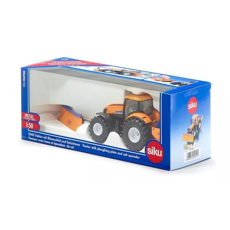 Siku traktors ar sniega vērstuvi un sāls kliedētāju, Traktora modelis, Salikts, 1:50, Metāls, Plastmasa, 3 gadi, Melna, Zila, Oranža