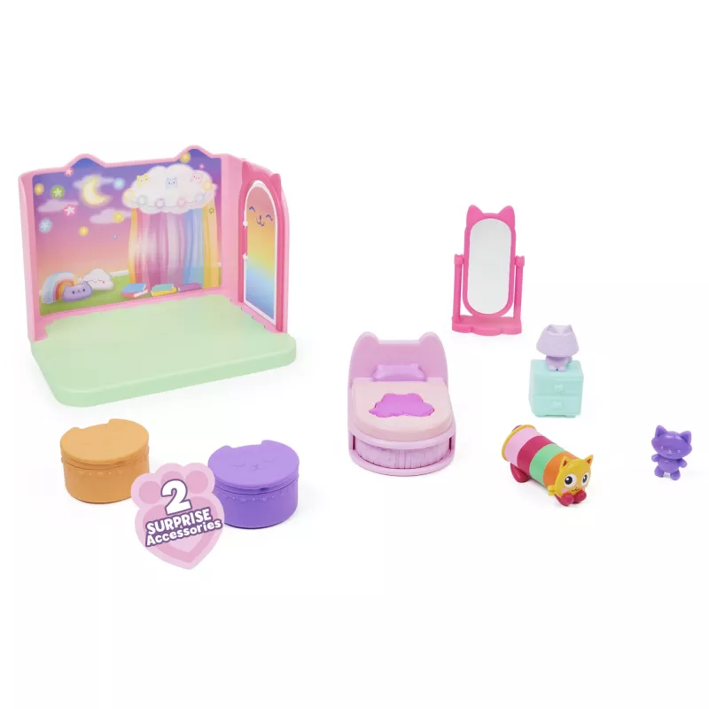 Gabby's Dollhouse, Sweet Dreams guļamistaba ar Pillow Cat figūriņu un 3 aksesuāriem, 3 mēbelēm un 2 piegādēm, rotaļlietas bērniem no 3 gadu vecuma
