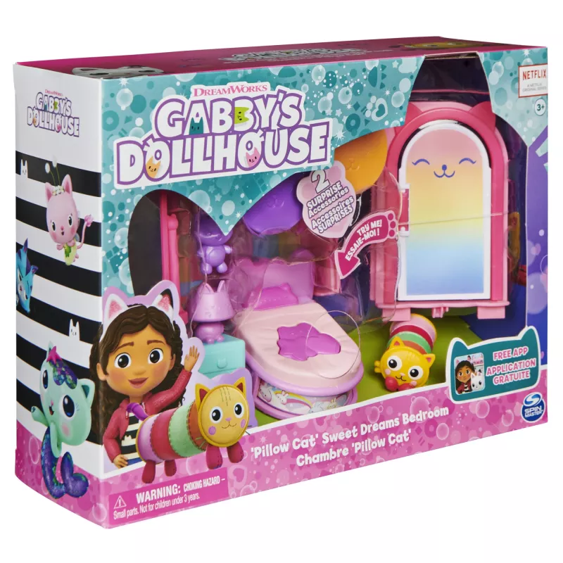 Gabby's Dollhouse, Sweet Dreams guļamistaba ar Pillow Cat figūriņu un 3 aksesuāriem, 3 mēbelēm un 2 piegādēm, rotaļlietas bērniem no 3 gadu vecuma