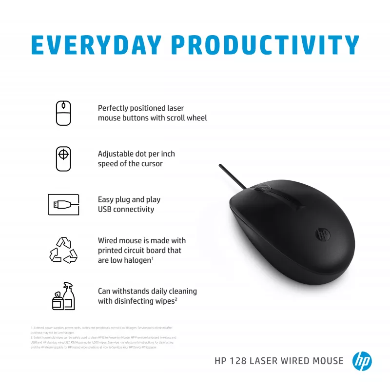 HP 128 lāzera vadu pele, piemērota abām rokām, lāzers, USB Type-A, 1200 DPI, melna