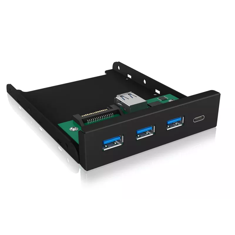 USB centrmezgls ICY BOX IB-HUB1418-i3 — mikroshēmojums GL3520/ASM1543, melns, 101×137×25 mm