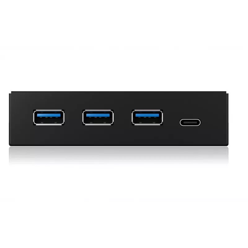 USB centrmezgls ICY BOX IB-HUB1418-i3 — mikroshēmojums GL3520/ASM1543, melns, 101×137×25 mm