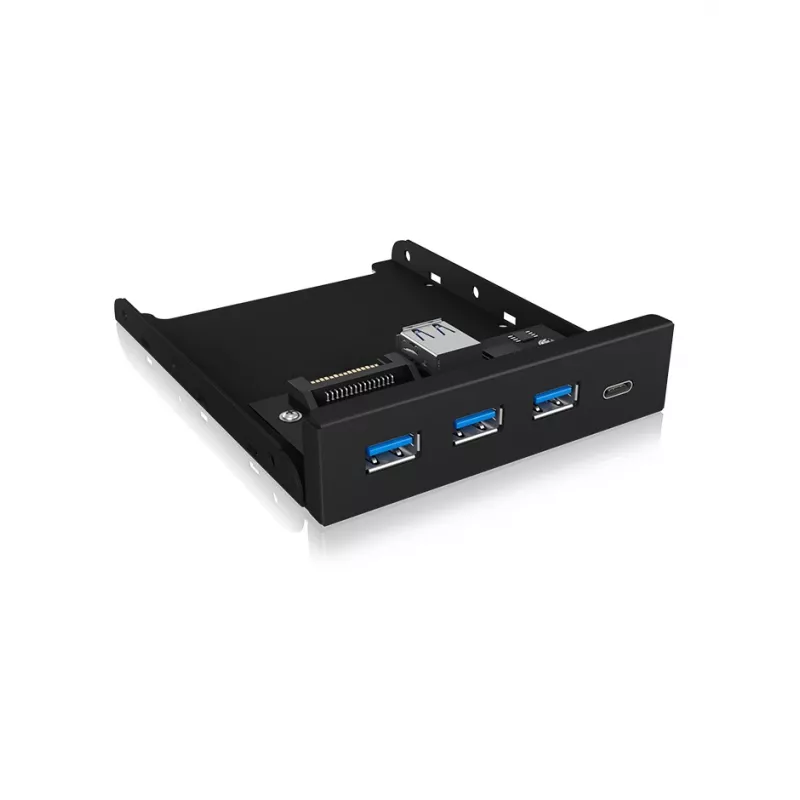 USB centrmezgls ICY BOX IB-HUB1418-i3 — mikroshēmojums GL3520/ASM1543, melns, 101×137×25 mm