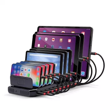 Lindy 96W 10 Port USB Charging Station, Brīvstāvoša, Plastmasa, Melna, Kontakta, Ar visām USB A tipa ierīcēm, Barošana