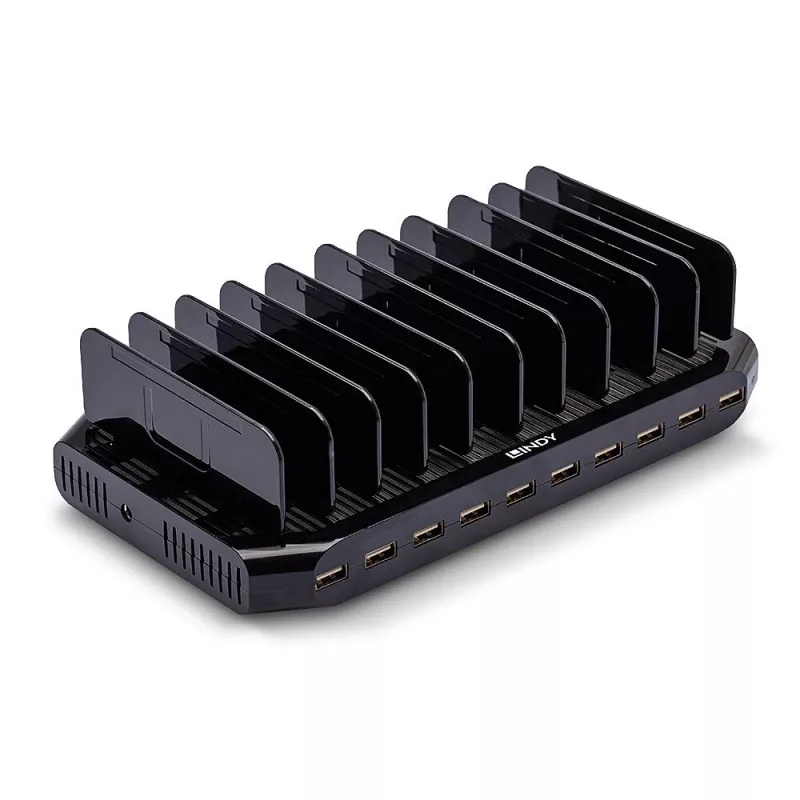 Lindy 96W 10 Port USB Charging Station, Brīvstāvoša, Plastmasa, Melna, Kontakta, Ar visām USB A tipa ierīcēm, Barošana