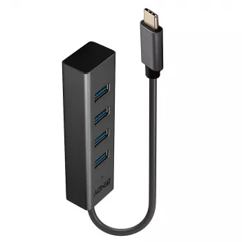 Lindy 4 Portu USB 3.2 Type C centrmezgls, USB 3.2 Gen 1 (3.1 Gen 1) Type-C, USB 3.2 Gen 1 (3.1 Gen 1) Type-A, 5000 Mbit/s, pelēks, alumīnijs, plastmasa, 0,3 m