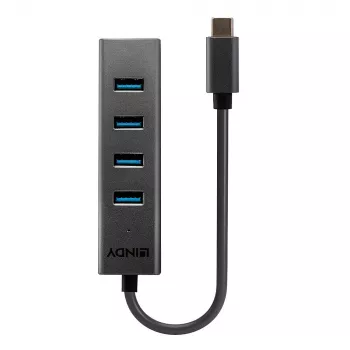 Lindy 4 Portu USB 3.2 Type C centrmezgls, USB 3.2 Gen 1 (3.1 Gen 1) Type-C, USB 3.2 Gen 1 (3.1 Gen 1) Type-A, 5000 Mbit/s, pelēks, alumīnijs, plastmasa, 0,3 m