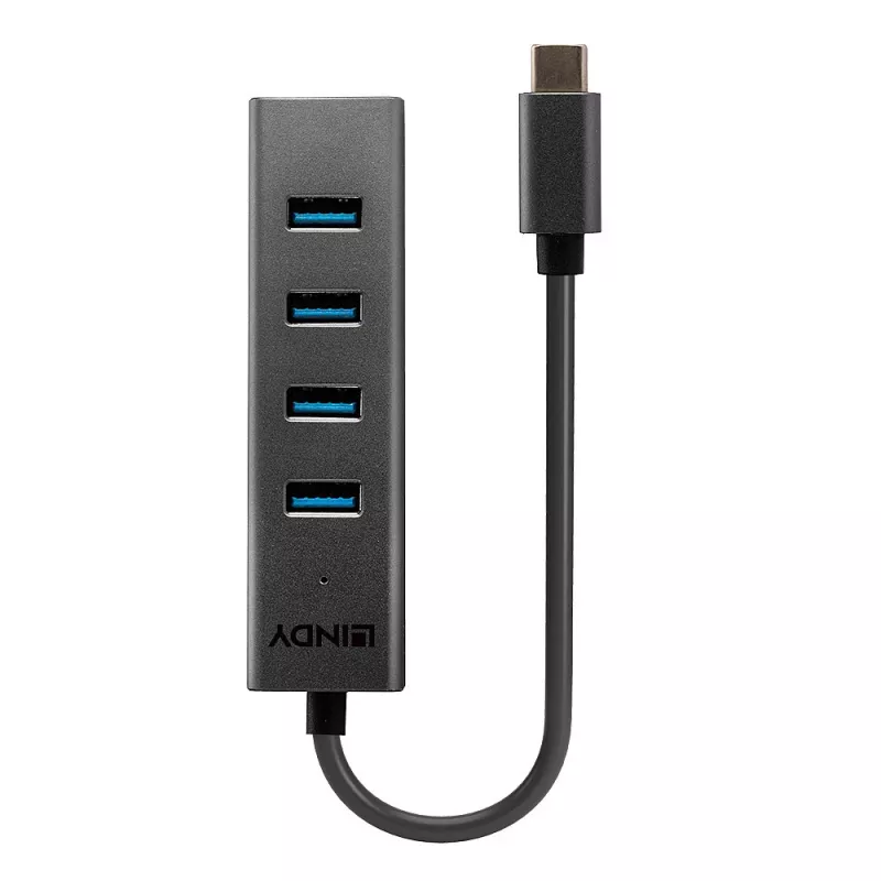 Lindy 4 Portu USB 3.2 Type C centrmezgls, USB 3.2 Gen 1 (3.1 Gen 1) Type-C, USB 3.2 Gen 1 (3.1 Gen 1) Type-A, 5000 Mbit/s, pelēks, alumīnijs, plastmasa, 0,3 m