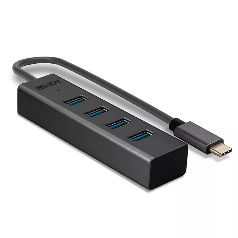 Lindy 4 Portu USB 3.2 Type C centrmezgls, USB 3.2 Gen 1 (3.1 Gen 1) Type-C, USB 3.2 Gen 1 (3.1 Gen 1) Type-A, 5000 Mbit/s, pelēks, alumīnijs, plastmasa, 0,3 m