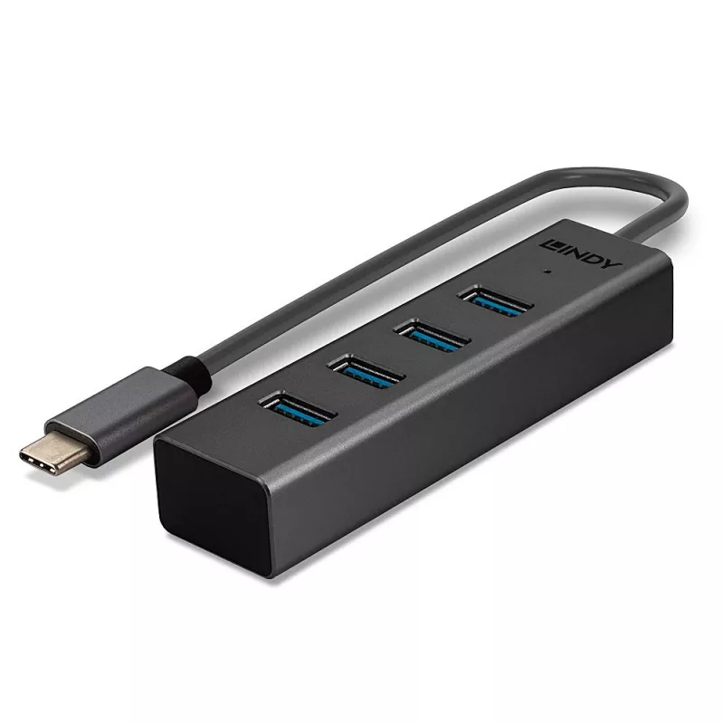 Lindy 4 Portu USB 3.2 Type C centrmezgls, USB 3.2 Gen 1 (3.1 Gen 1) Type-C, USB 3.2 Gen 1 (3.1 Gen 1) Type-A, 5000 Mbit/s, pelēks, alumīnijs, plastmasa, 0,3 m