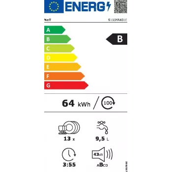 Neff S155YAX01E trauku mazgājamā mašīna Pilnībā iebūvējama 13 galda piederumu komplekti