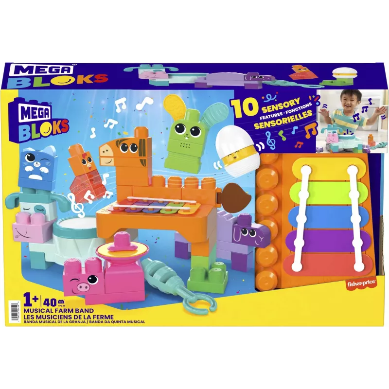 MEGA BLOKS Fisher Price Muzikālā lauku sētas grupa Sensoru klucīšu rotaļlieta (45 gab.) mazulim
