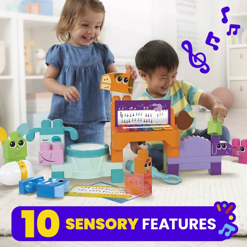 MEGA BLOKS Fisher Price Muzikālā lauku sētas grupa Sensoru klucīšu rotaļlieta (45 gab.) mazulim