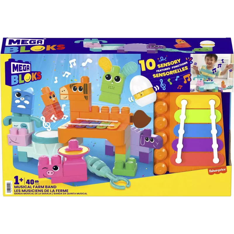 MEGA BLOKS Fisher Price Muzikālā lauku sētas grupa Sensoru klucīšu rotaļlieta (45 gab.) mazulim