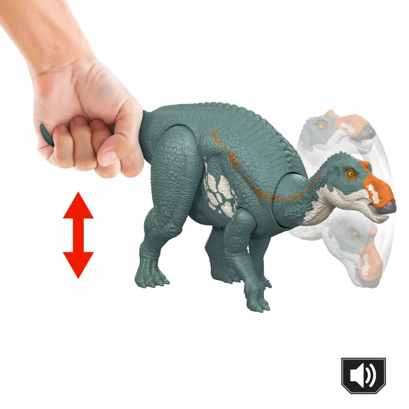 Jurassic World Rebirth Wild Roar Maiasaura rotaļu dinozaurs, ar asti vadāms uzbrukuma kodiens un skaņa