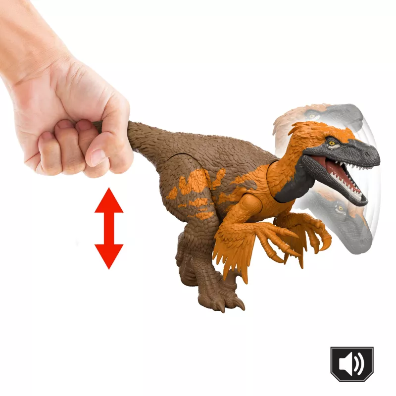 Jurassic World Rebirth Wild Roar Utahraptor dinozauru rotaļlieta, ar asti vadāms uzbrukuma kodiens un skaņa