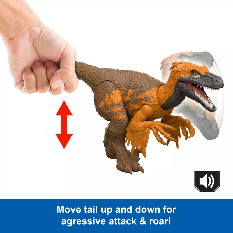 Jurassic World Rebirth Wild Roar Utahraptor dinozauru rotaļlieta, ar asti vadāms uzbrukuma kodiens un skaņa