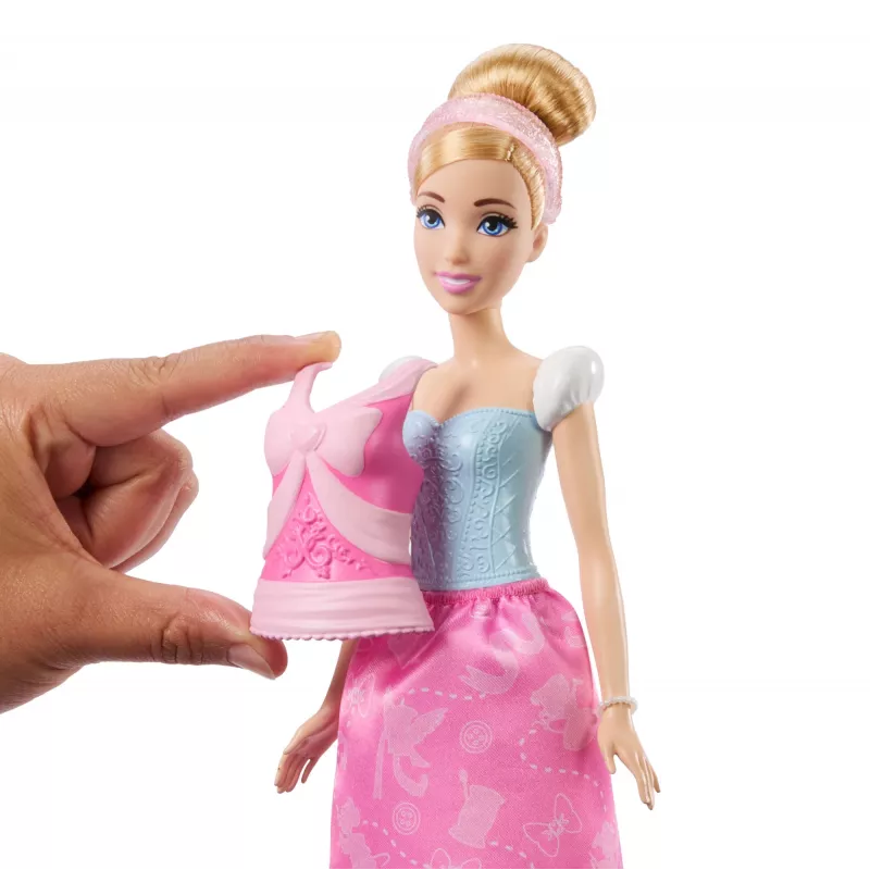Disney Princess 2-in-1 Stories Pelnrušķītes modes lelle ar 2 uzspiežamiem ņiebura daļām, 2 svārkiem un 9 piederumiem
