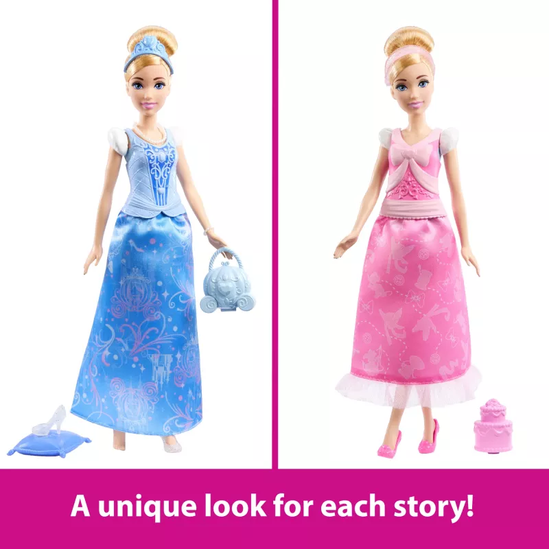 Disney Princess 2-in-1 Stories Pelnrušķītes modes lelle ar 2 uzspiežamiem ņiebura daļām, 2 svārkiem un 9 piederumiem