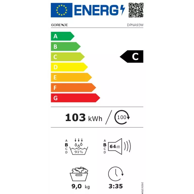 Veļas žāvētājs Gorenje DPNA93W ar siltumsūkni, brīvi stāvošs, priekšējā ielāde, 9 kg, balts, energoefektivitātes klase C