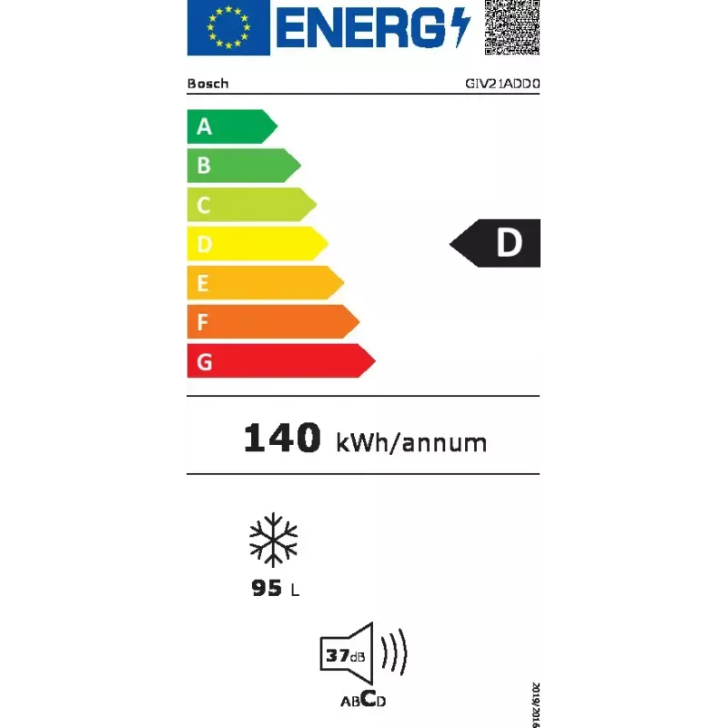 Iebūvējams vertikālais saldētājs Bosch Serie 6 GIV21ADD0 — 95 L, 4* zvaigznes, D enerģijas klase, labās puses eņģes