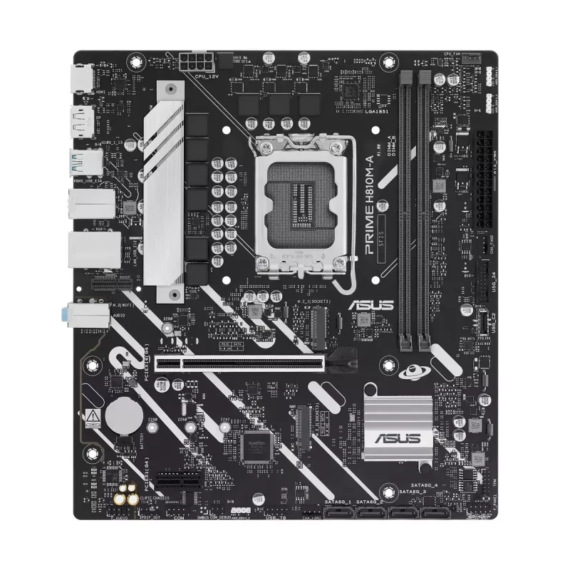 Mātesplate ASUS PRIME H810M-A-CSM — Intel H810, LGA 1851, microATX, 2× DDR5 DIMM (līdz 128GB), 2× M.2, 4× SATA III, PCIe 4.0