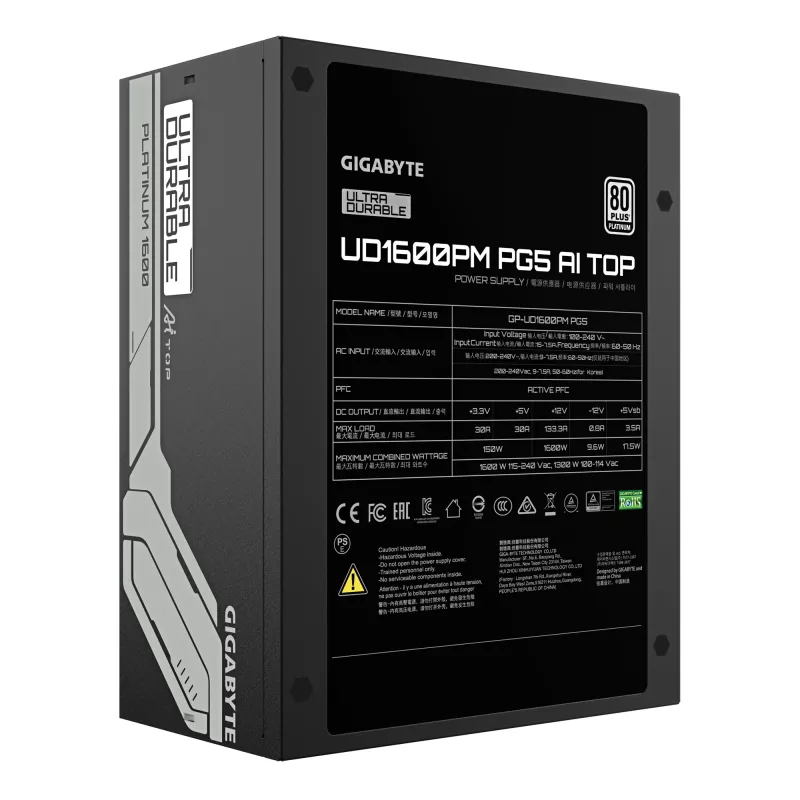 Barošanas bloks GIGABYTE UD1600PM PG5 1600W, 80 PLUS Platinum, 92% efektivitāte, 20+4 kontaktu ATX, 120 mm ventilators, melns